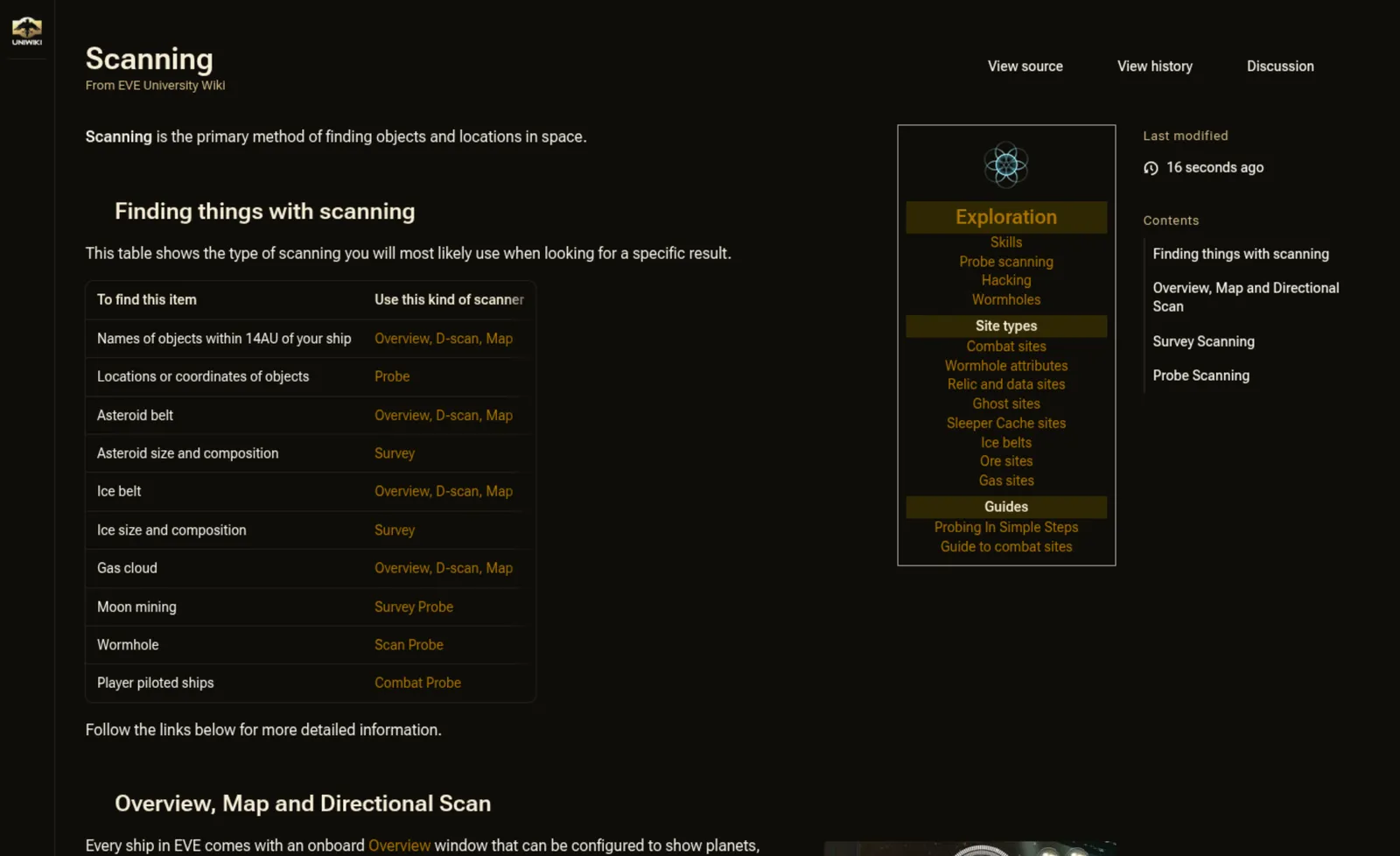 L'articolo Scanning della EVE University Wiki aperto dentro Capsuleers.App