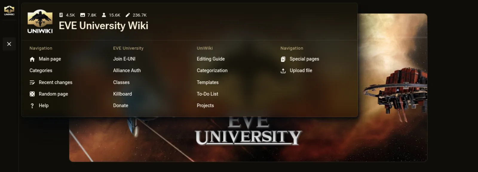 The UniWiki navigation menu opened inside Capsuleers.App, with main page, categories, recent changes and random page
