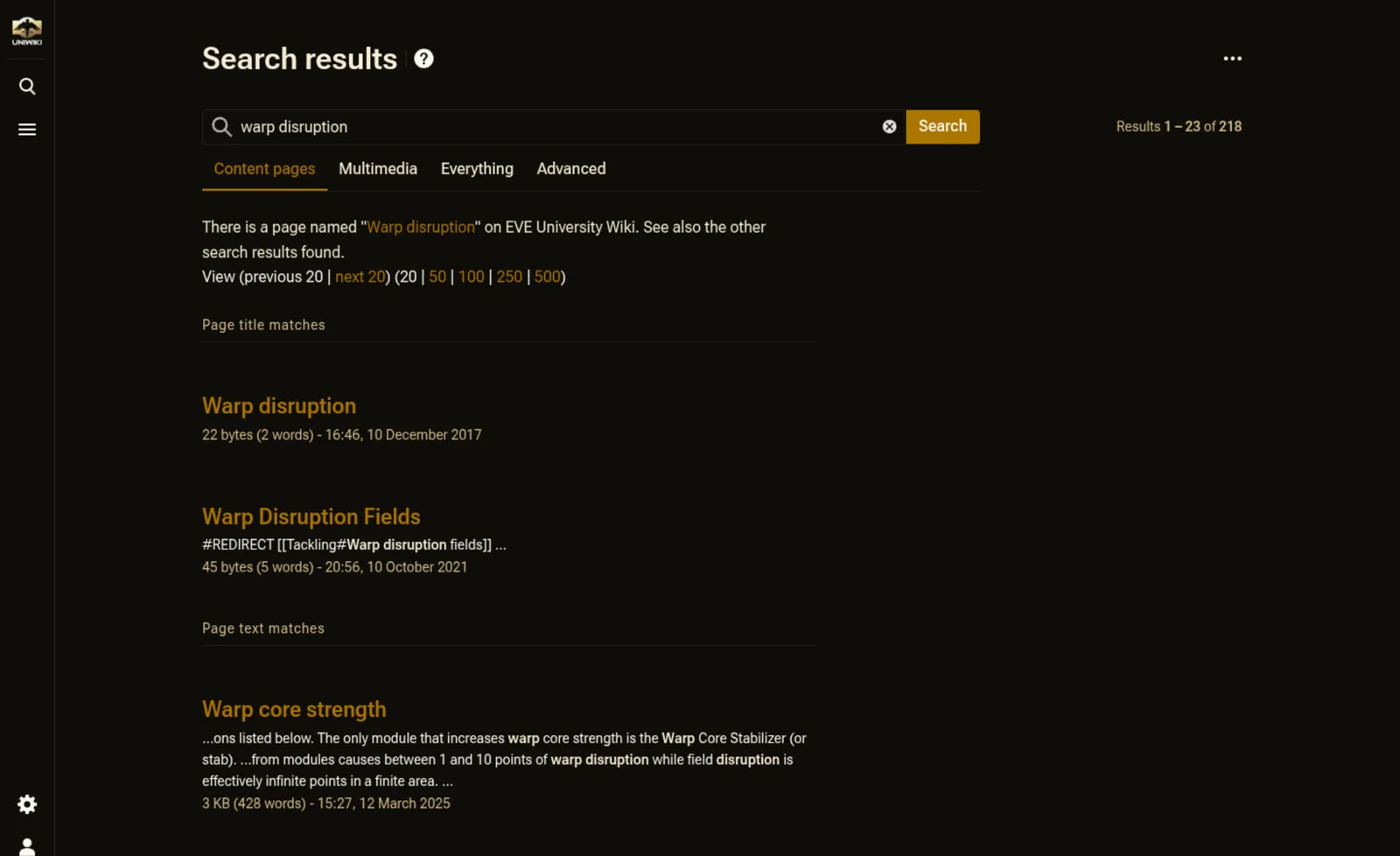 I risultati della ricerca nel testo di «warp disruption» nella EVE University Wiki, dentro Capsuleers.App